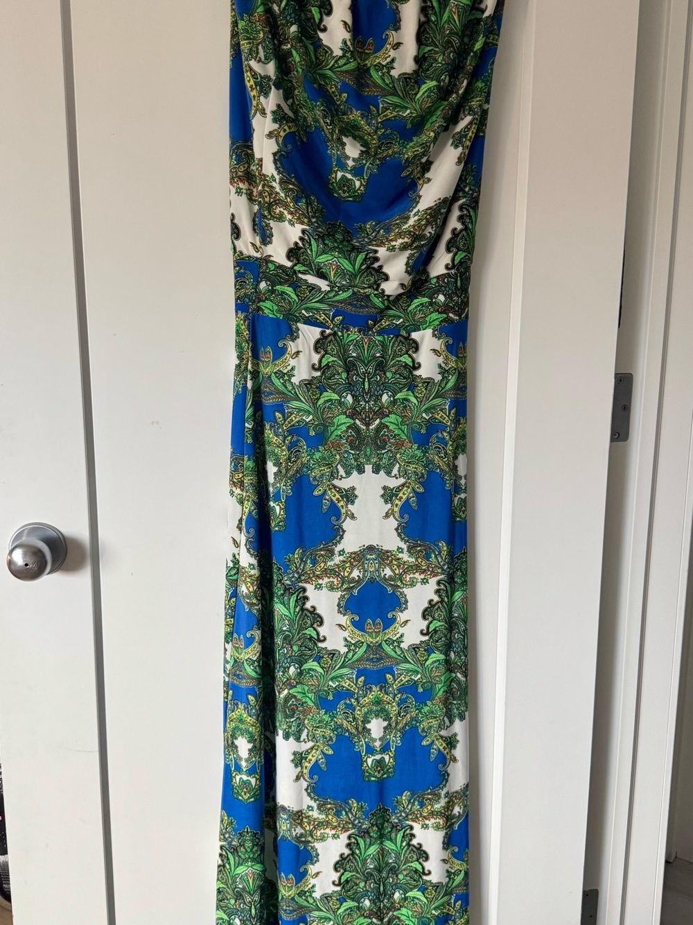Blue Green Paisley Strapless Floor Length Maxi Dress